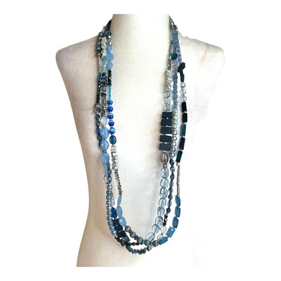 Chico’s Long Triple Strand Beaded Blue and Silver Tones Necklace - Picture 3 of 3